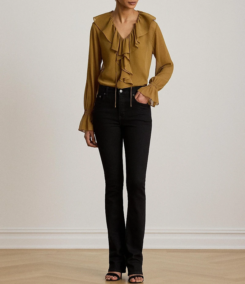 Lauren Ralph Lauren Woven Crinkle Georgette V-Neck Long Sleeve Blouse