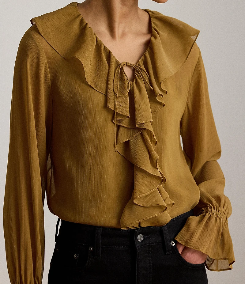 Lauren Ralph Lauren Woven Crinkle Georgette V-Neck Long Sleeve Blouse