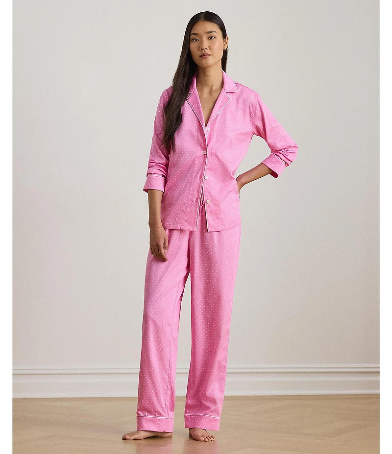 Lauren Ralph Lauren Woven Dotted Sateen Long Sleeve Notch Collar Long Valentine's Day Pajama Set