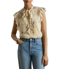 Lauren Ralph Lauren Woven Georgette Print Band Collar Flutter Sleeve Blouse