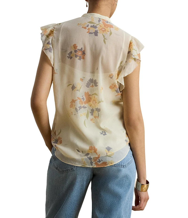 Lauren Ralph Lauren Woven Georgette Print Band Collar Flutter Sleeve Blouse