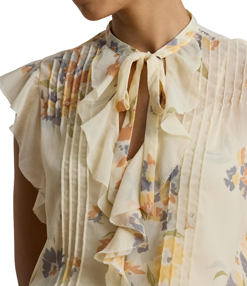 Lauren Ralph Lauren Woven Georgette Print Band Collar Flutter Sleeve Blouse