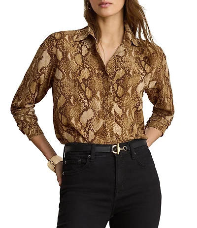 Lauren Ralph Lauren Woven Georgette Print Point Collar Long Sleeve Shirt