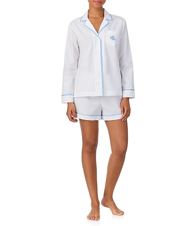 Lauren Ralph Lauren Woven Herringbone Long Sleeve Notch Collar Shorty Pajama Set