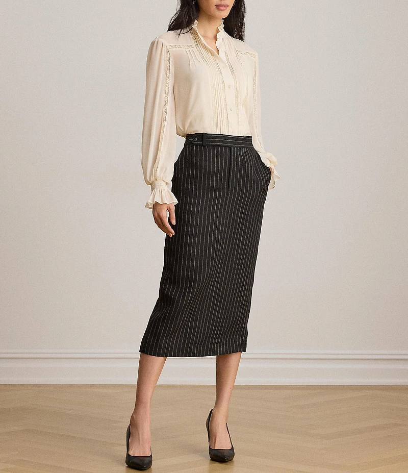 Lauren Ralph Lauren Woven Lace Trim Crinkle Georgette Band Collar Long Sleeve Blouse