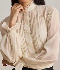 Lauren Ralph Lauren Woven Lace Trim Crinkle Georgette Band Collar Long Sleeve Blouse