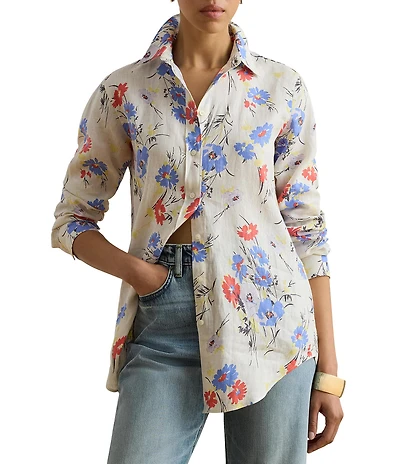 Lauren Ralph Lauren Woven Linen Floral Point Collar Long Roll-Tab Sleeve Button Front Shirt