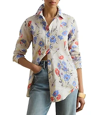 Lauren Ralph Lauren Woven Linen Floral Point Collar Long Roll-Tab Sleeve Button Front Shirt