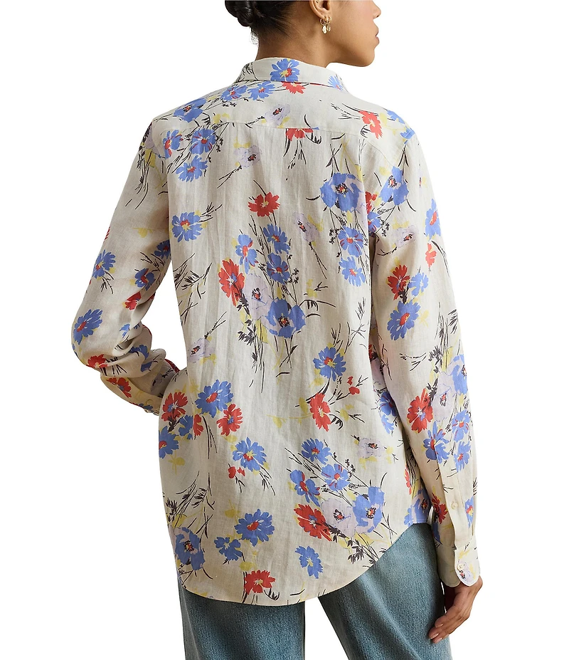 Lauren Ralph Lauren Woven Linen Floral Point Collar Long Roll-Tab Sleeve Button Front Shirt