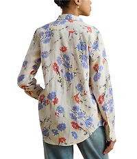 Lauren Ralph Lauren Woven Linen Floral Point Collar Long Roll-Tab Sleeve Button Front Shirt