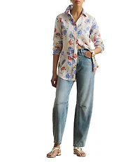 Lauren Ralph Lauren Woven Linen Floral Point Collar Long Roll-Tab Sleeve Button Front Shirt
