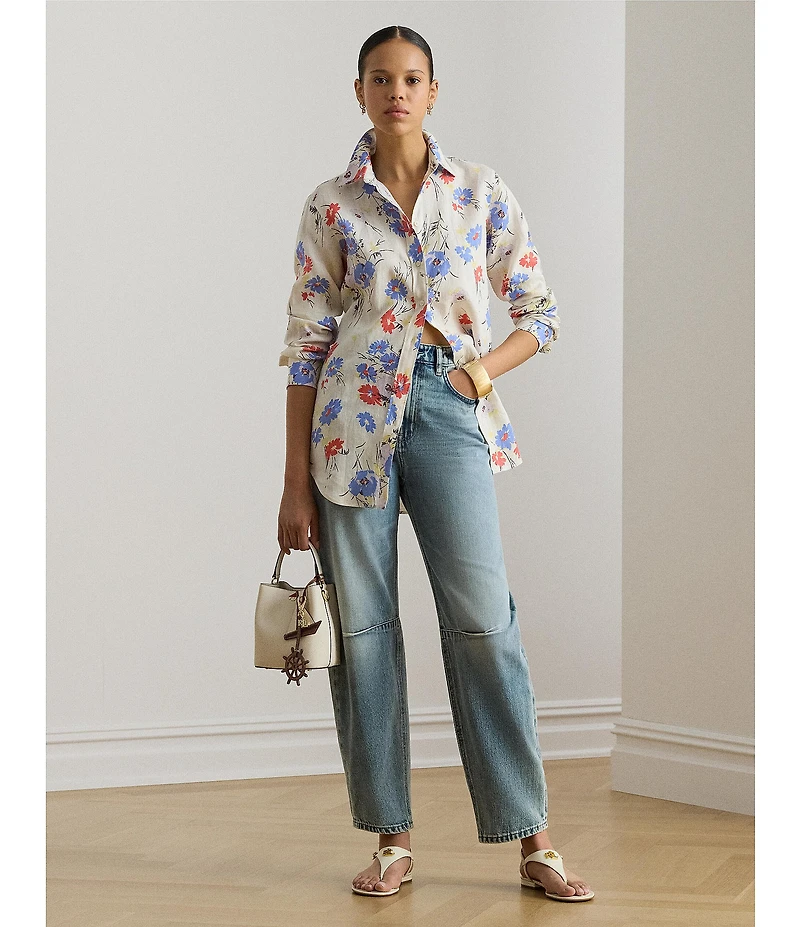Lauren Ralph Lauren Woven Linen Floral Point Collar Long Roll-Tab Sleeve Button Front Shirt