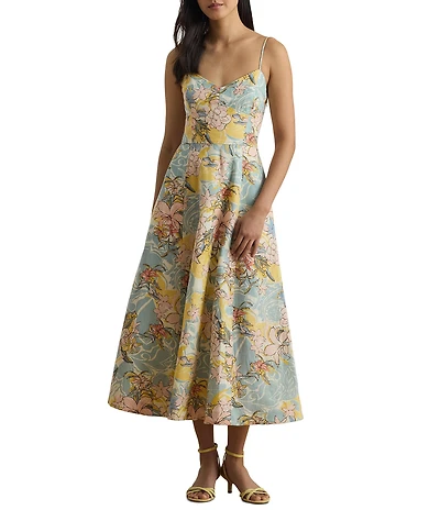 Lauren Ralph Lauren Woven Linen Floral Print Sweetheart Neck Sleeveless Midi A-Line Dress