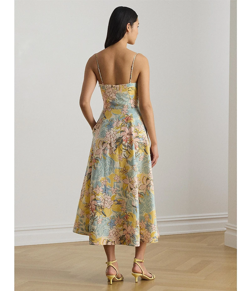 Lauren Ralph Lauren Woven Linen Floral Print Sweetheart Neck Sleeveless Midi A-Line Dress
