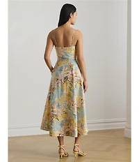Lauren Ralph Lauren Woven Linen Floral Print Sweetheart Neck Sleeveless Midi A-Line Dress