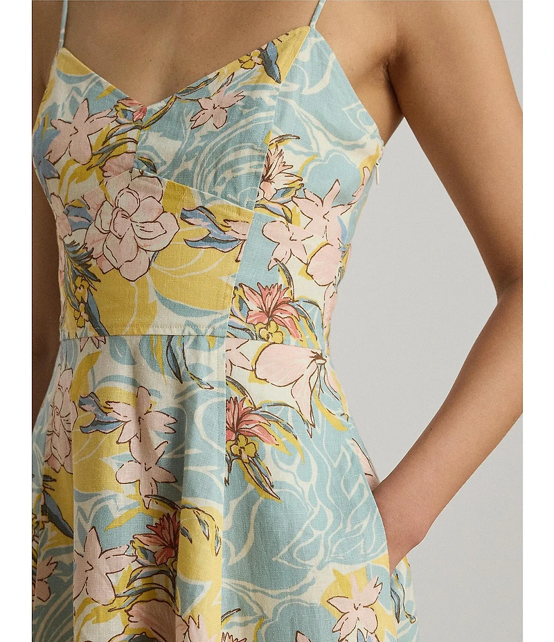 Lauren Ralph Lauren Woven Linen Floral Print Sweetheart Neck Sleeveless Midi A-Line Dress