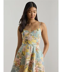 Lauren Ralph Lauren Woven Linen Floral Print Sweetheart Neck Sleeveless Midi A-Line Dress