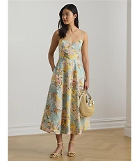 Lauren Ralph Lauren Woven Linen Floral Print Sweetheart Neck Sleeveless Midi A-Line Dress