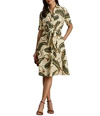 Lauren Ralph Lauren Woven Linen Leaf Tassel Print Point Collar Short Sleeve Shirt Dress