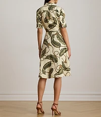 Lauren Ralph Lauren Woven Linen Leaf Tassel Print Point Collar Short Sleeve Shirt Dress