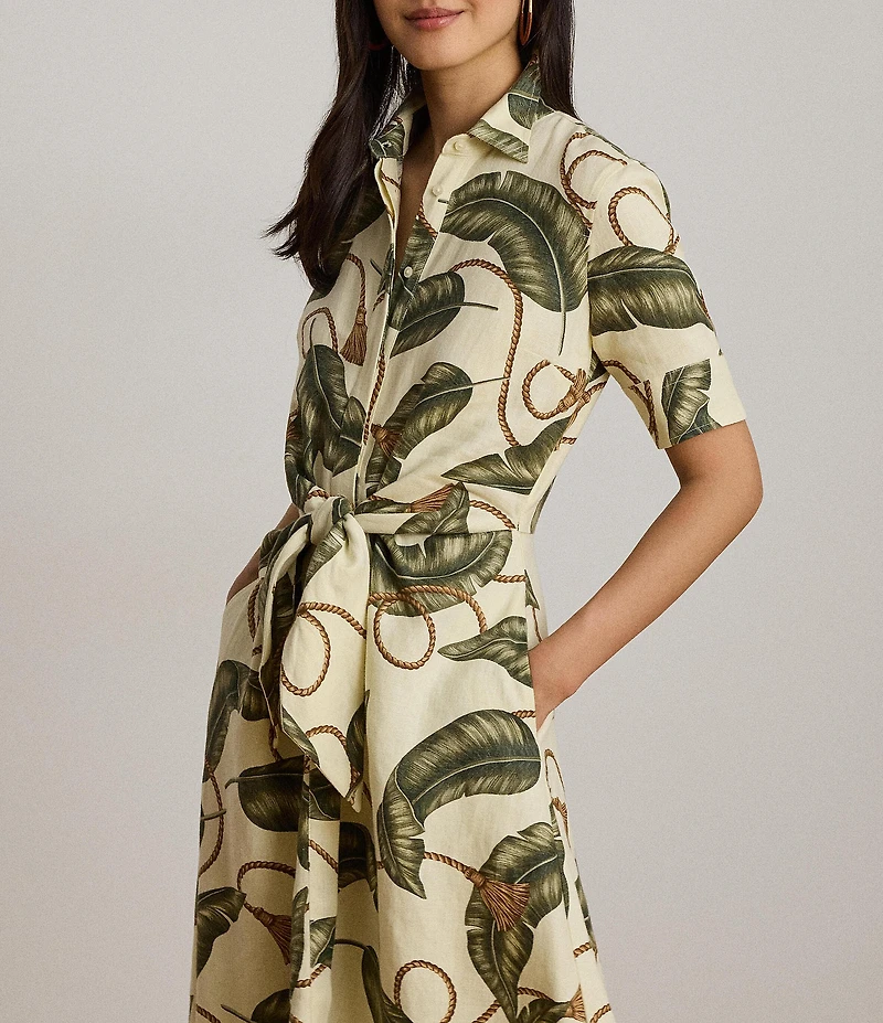 Lauren Ralph Lauren Woven Linen Leaf Tassel Print Point Collar Short Sleeve Shirt Dress
