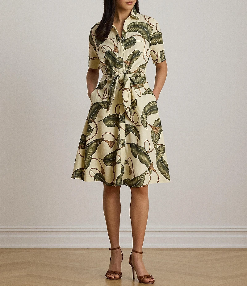 Lauren Ralph Lauren Woven Linen Leaf Tassel Print Point Collar Short Sleeve Shirt Dress