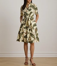 Lauren Ralph Lauren Woven Linen Leaf Tassel Print Point Collar Short Sleeve Shirt Dress