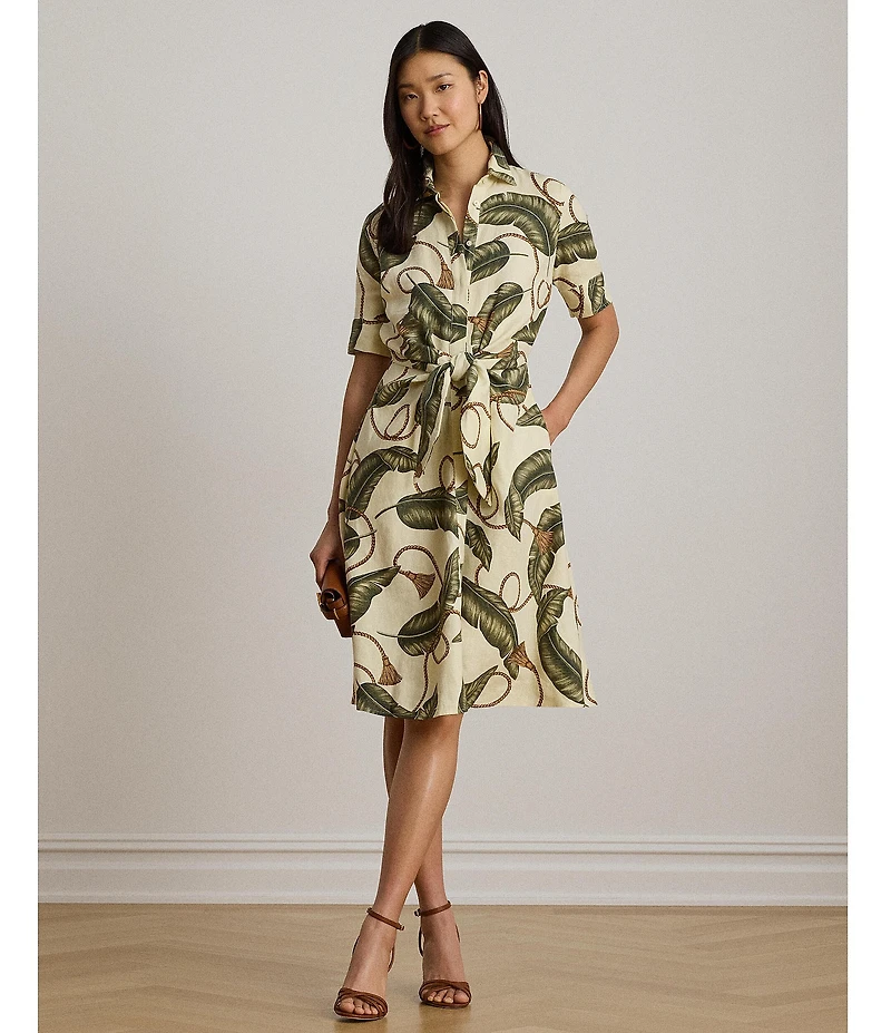 Lauren Ralph Lauren Woven Linen Leaf Tassel Print Point Collar Short Sleeve Shirt Dress