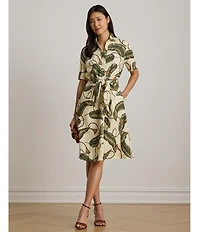 Lauren Ralph Lauren Woven Linen Leaf Tassel Print Point Collar Short Sleeve Shirt Dress