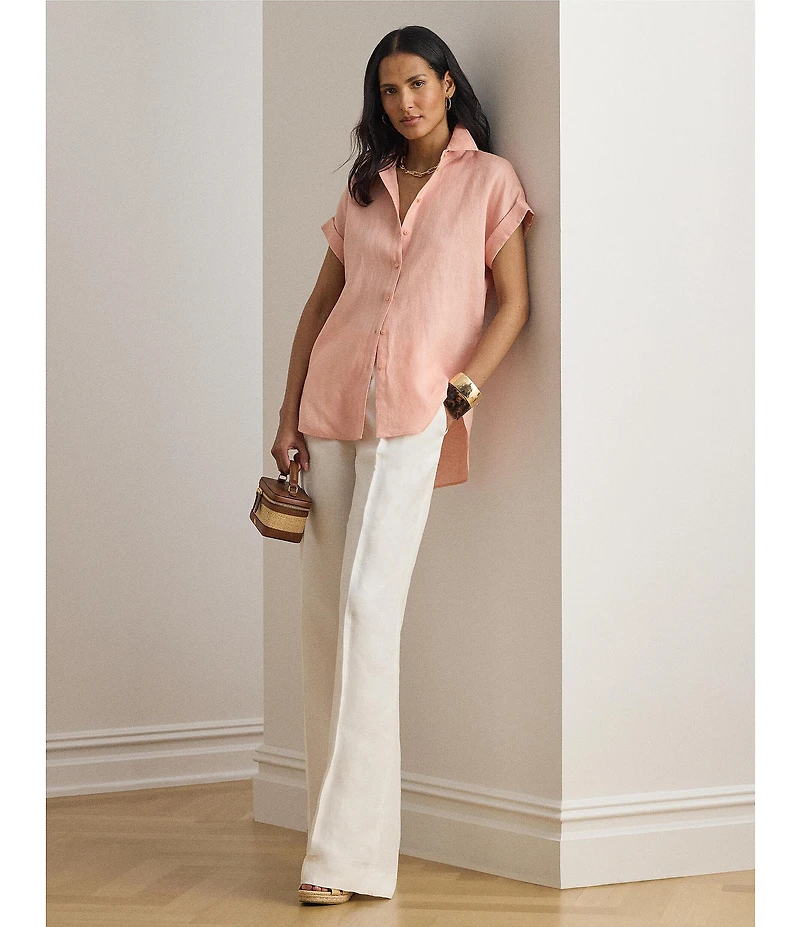 Lauren Ralph Lauren Woven Linen Point Collar Short Sleeve Shirt