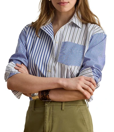 Lauren Ralph Lauren Woven Multi Stripe Spread Collar Long Sleeve Shirt