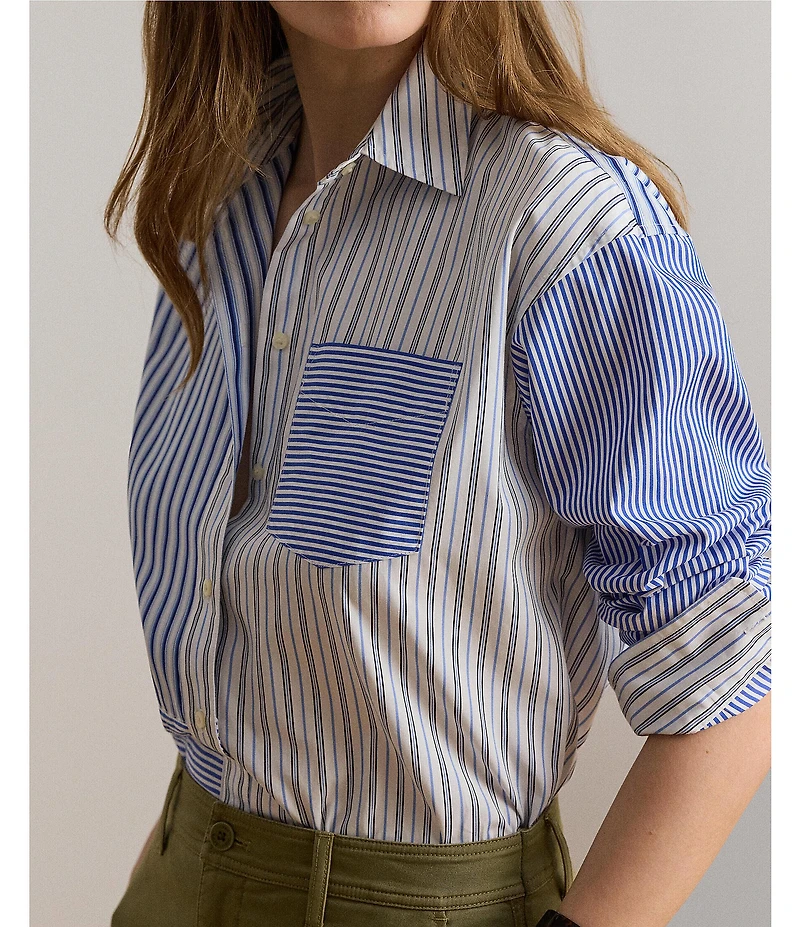 Lauren Ralph Lauren Woven Multi Stripe Spread Collar Long Sleeve Shirt