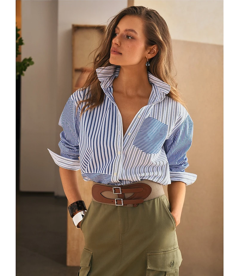 Lauren Ralph Lauren Woven Multi Stripe Spread Collar Long Sleeve Shirt