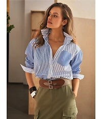 Lauren Ralph Lauren Woven Multi Stripe Spread Collar Long Sleeve Shirt