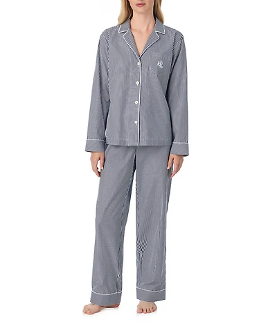 Lauren Ralph Lauren Woven Poplin Striped Long Sleeve Notch Collar Long Pajama Set
