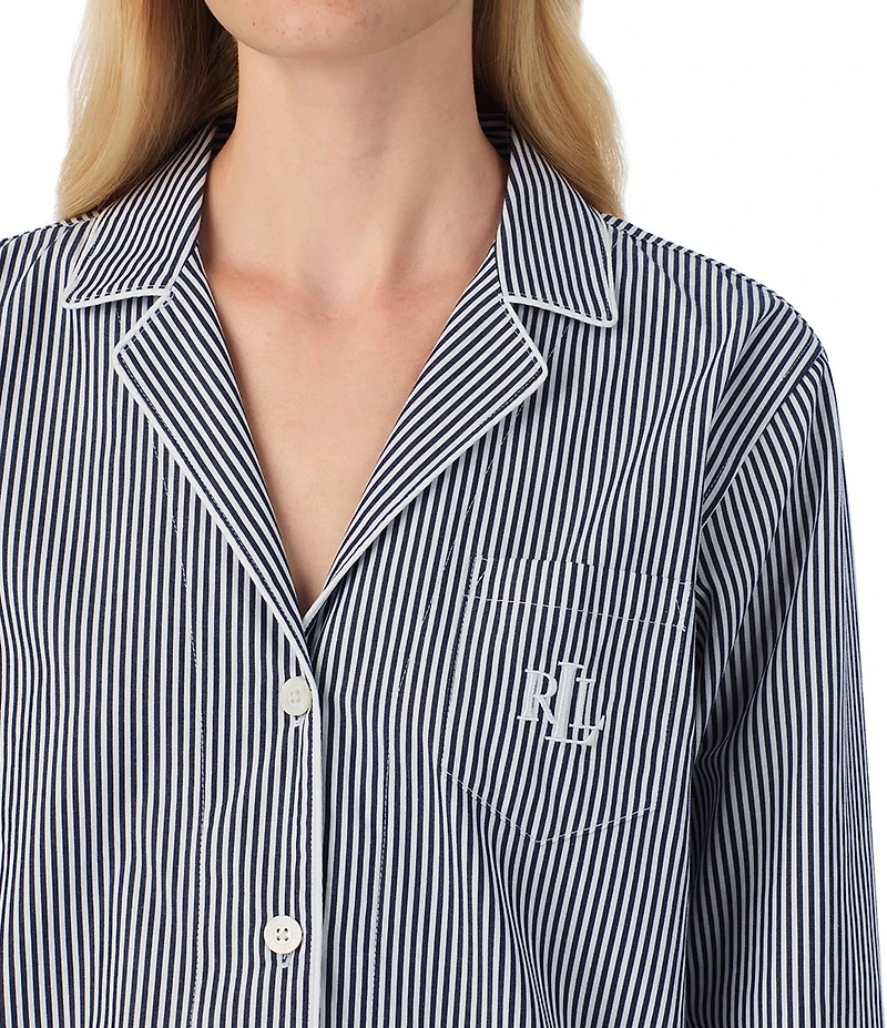 Lauren Ralph Lauren Woven Poplin Striped Long Sleeve Notch Collar Long Pajama Set