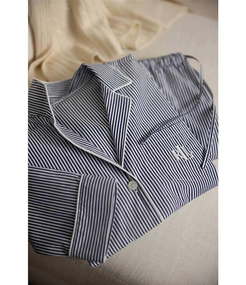 Lauren Ralph Lauren Woven Poplin Striped Long Sleeve Notch Collar Long Pajama Set