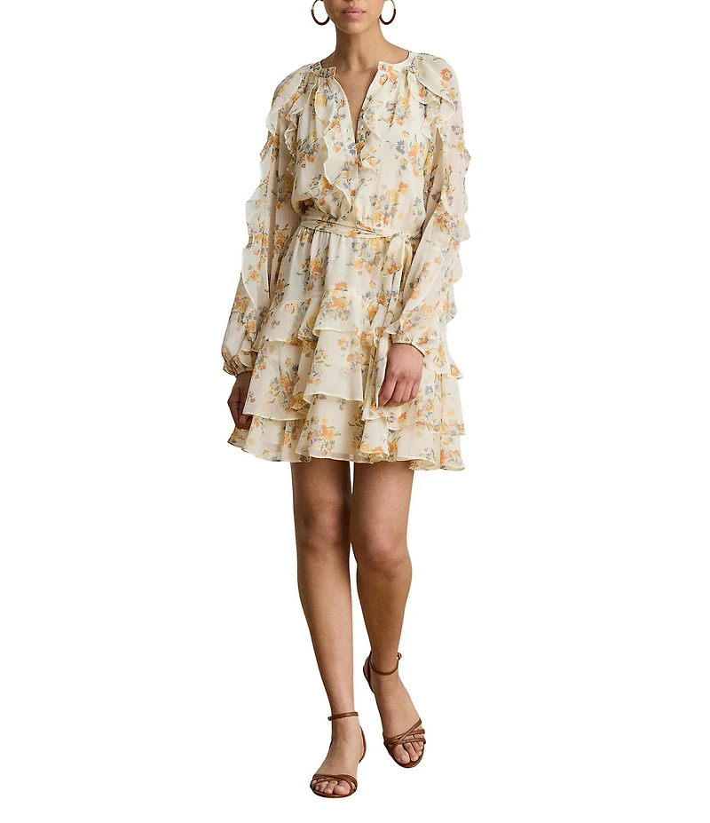 Lauren Ralph Lauren Woven Print Split V-Neck Long Sleeve Tiered Dress