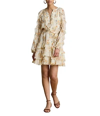 Lauren Ralph Lauren Woven Print Split V-Neck Long Sleeve Tiered Dress