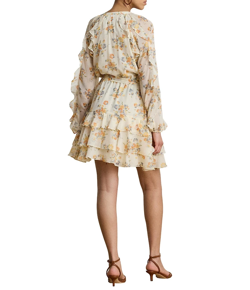 Lauren Ralph Lauren Woven Print Split V-Neck Long Sleeve Tiered Dress