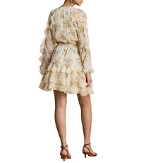Lauren Ralph Lauren Woven Print Split V-Neck Long Sleeve Tiered Dress