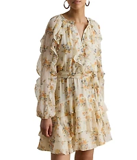 Lauren Ralph Lauren Woven Print Split V-Neck Long Sleeve Tiered Dress