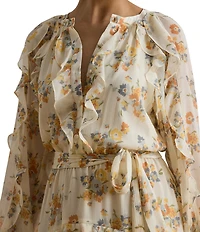 Lauren Ralph Lauren Woven Print Split V-Neck Long Sleeve Tiered Dress