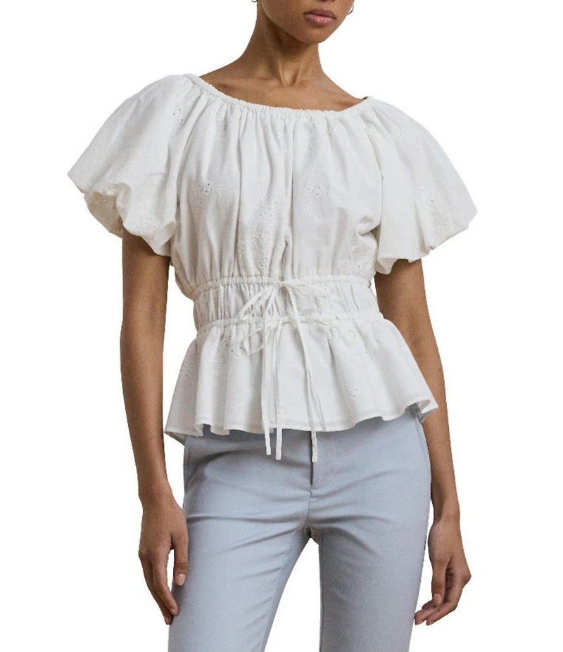 Lauren Ralph Lauren Woven Round Neck Short Sleeve Eyelet Embriodered Peplum Blouse