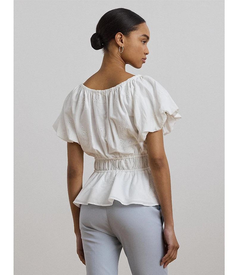Lauren Ralph Lauren Woven Round Neck Short Sleeve Eyelet Embriodered Peplum Blouse