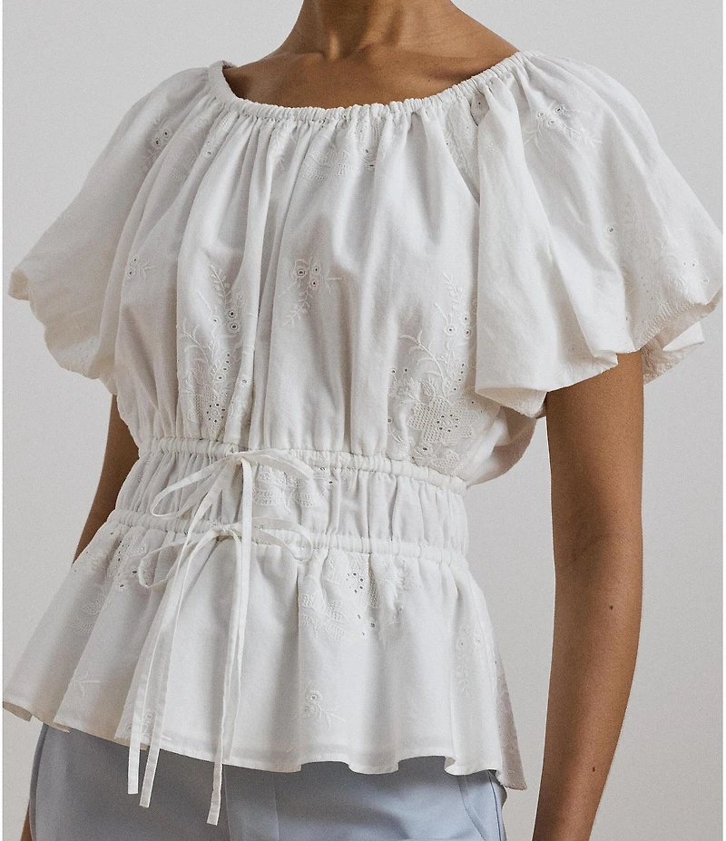 Lauren Ralph Lauren Woven Round Neck Short Sleeve Eyelet Embriodered Peplum Blouse