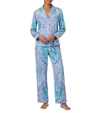 Lauren Ralph Lauren Woven Sateen Paisley Print Long Sleeve Notch Collar Long Pajama Set
