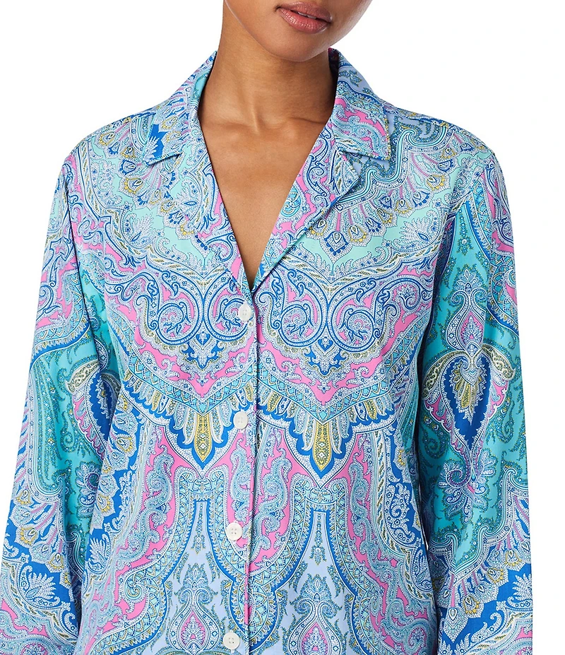 Lauren Ralph Lauren Woven Sateen Paisley Print Long Sleeve Notch Collar Long Pajama Set