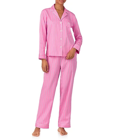 Lauren Ralph Lauren Woven Sateen Striped Print Long Sleeve Notch Collar Long Pajama Set