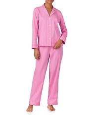 Lauren Ralph Lauren Woven Sateen Striped Print Long Sleeve Notch Collar Long Pajama Set